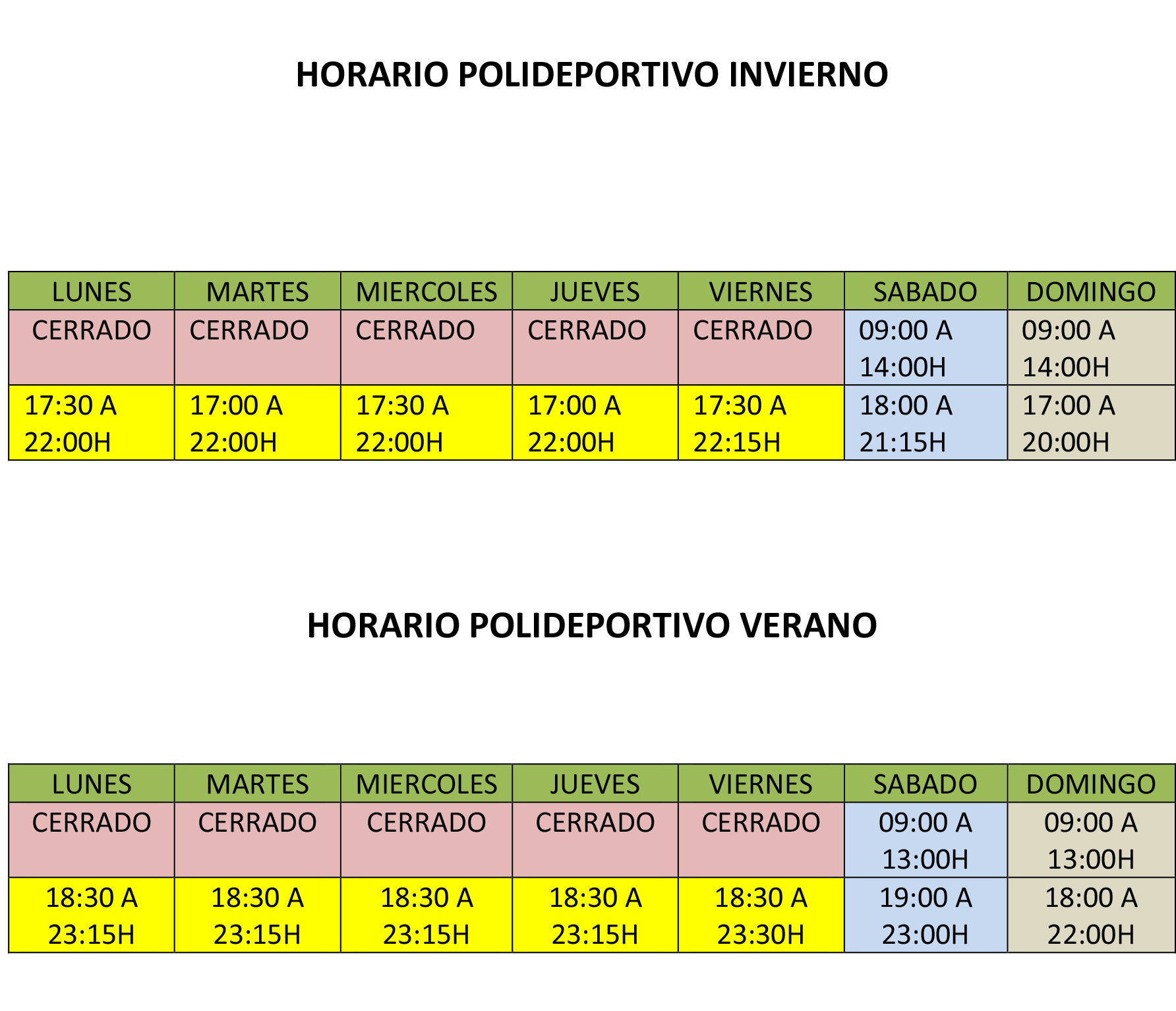 HORARIO POLIDEPORTIVO INVIERNO Y VERANO