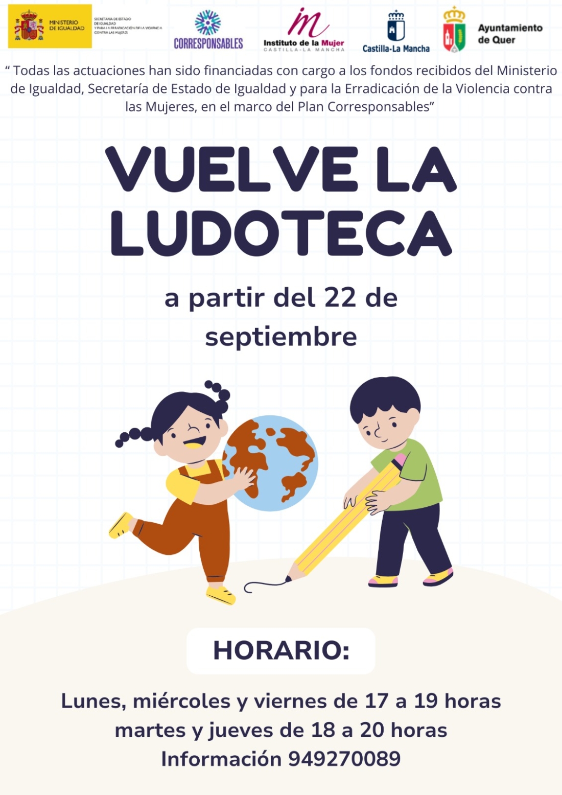 La Ludoteca Municipal arranca el 22 de septiembre y vuelve el servicio Kanguras en Quer