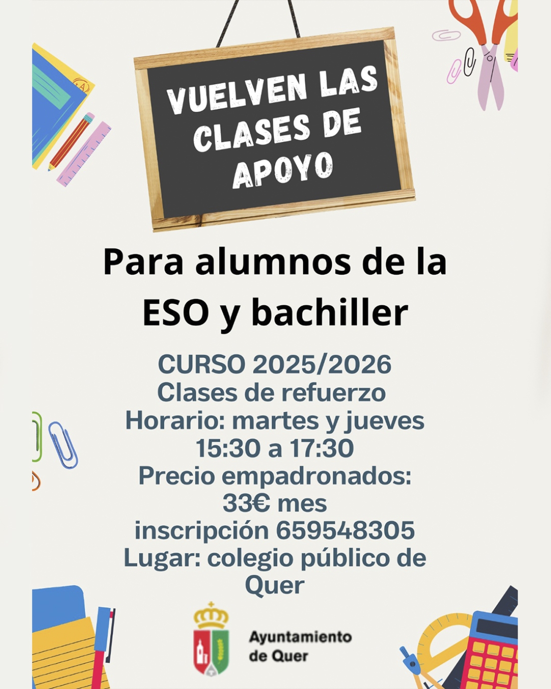 Vuelven las clases de apoyo para alumnos de ESO y Bachillerato en Quer