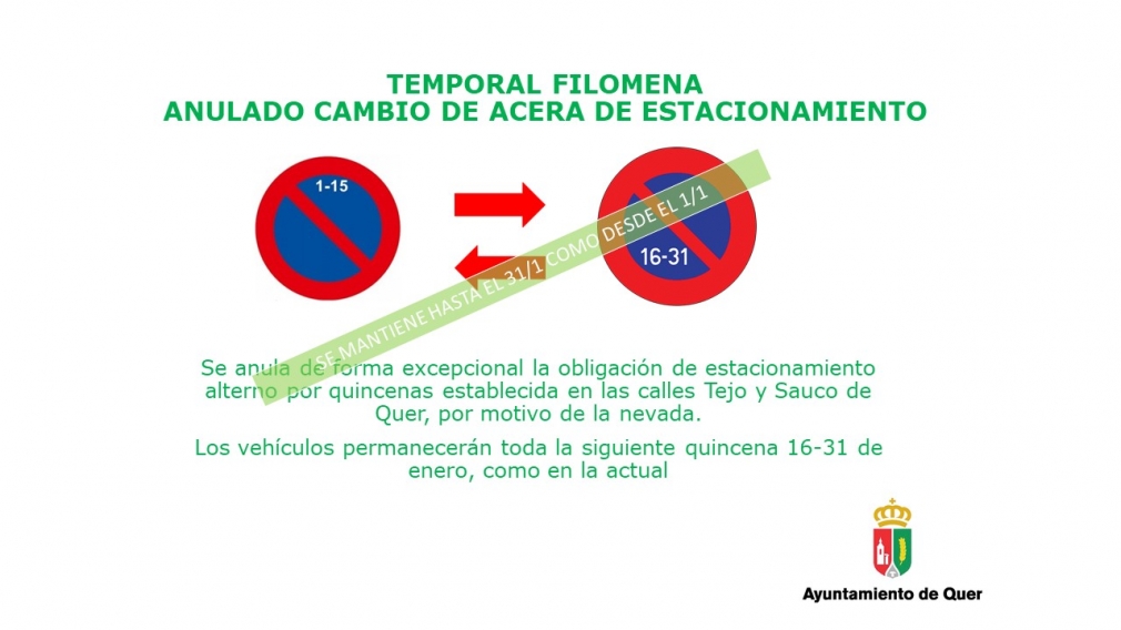 14/1 Gestión municipal de la borrasca Filomena en Quer: mañana clases online en el Instituto y otras informaciones de interés