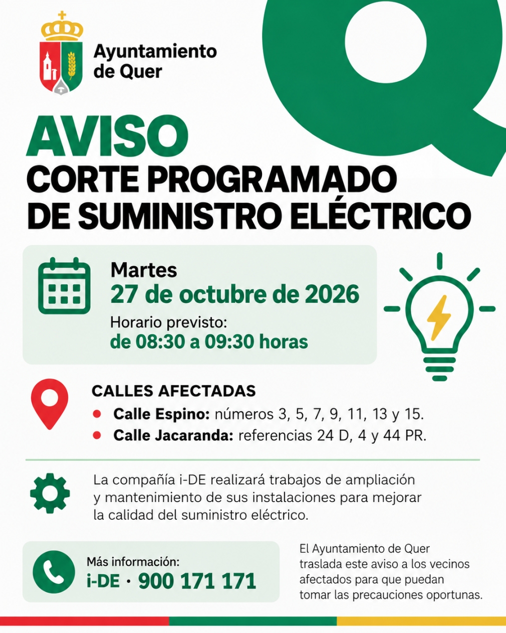 Interrupción programada del suministro eléctrico en Quer