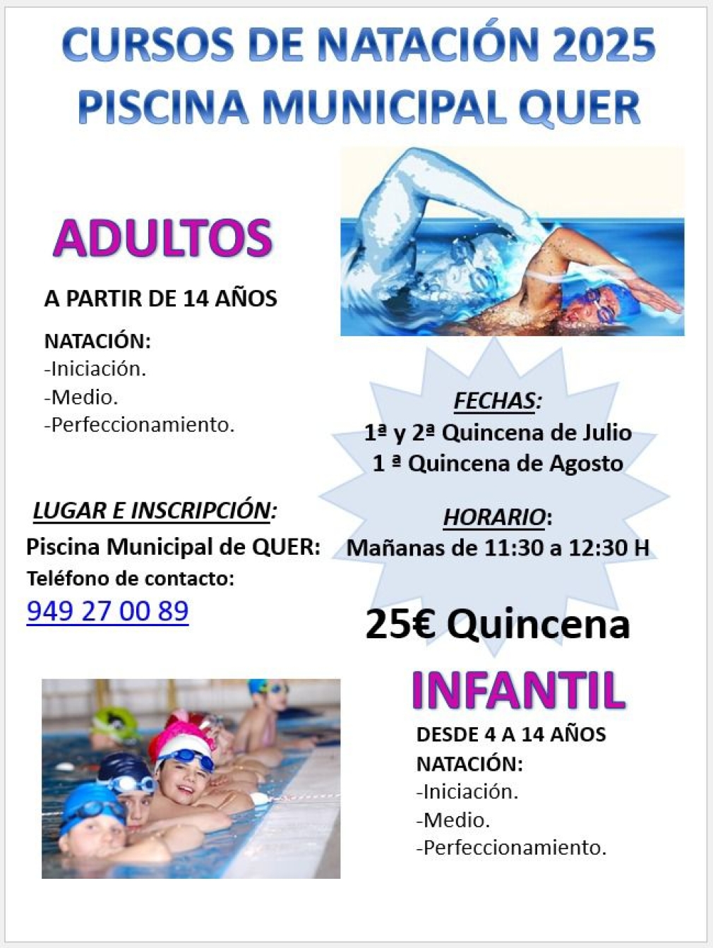 Comienzan mañana los cursos de natación 2025 en la Piscina Municipal de Quer