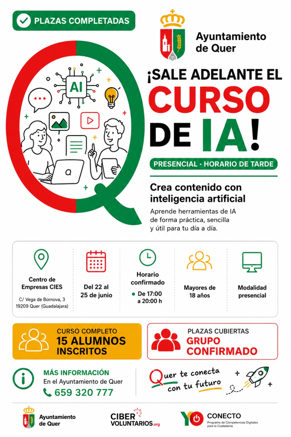 Quer completa las plazas de su curso gratuito de Inteligencia Artificial y lo impartirá en horario de tarde