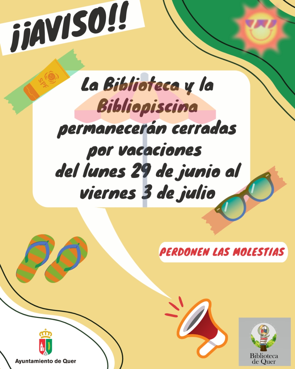 Biblioteca Municipal de Quer. Cerrada por vacaciones del 29 de junio al 3 de julio