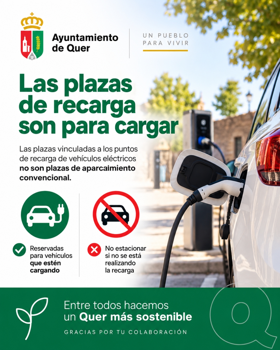 Quer recuerda la importancia de respetar las plazas destinadas a la recarga de vehículos eléctricos