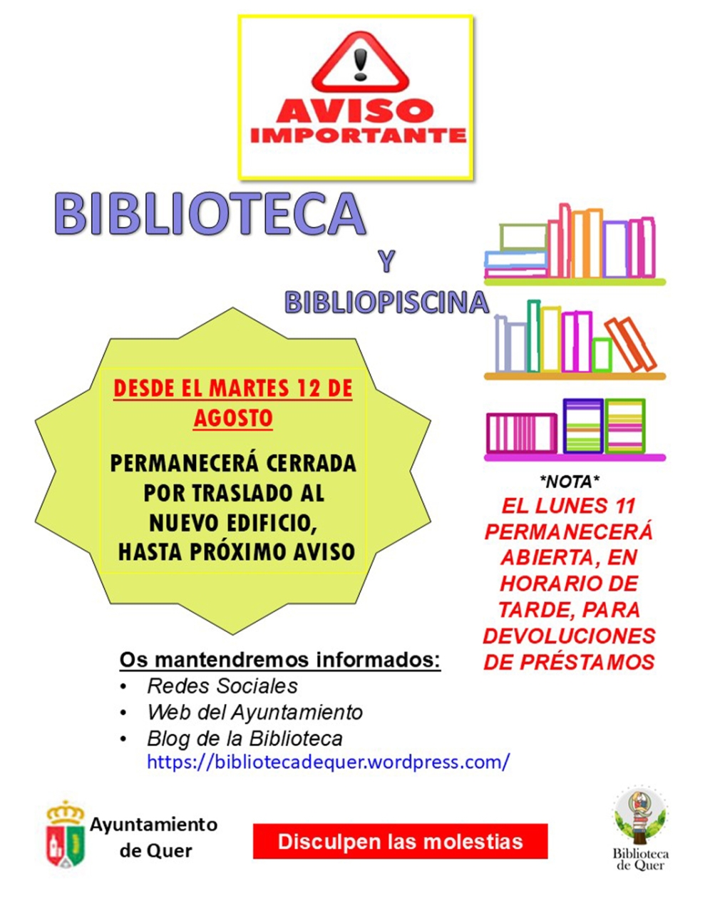 Aviso importante. Biblioteca y Bibliopiscina