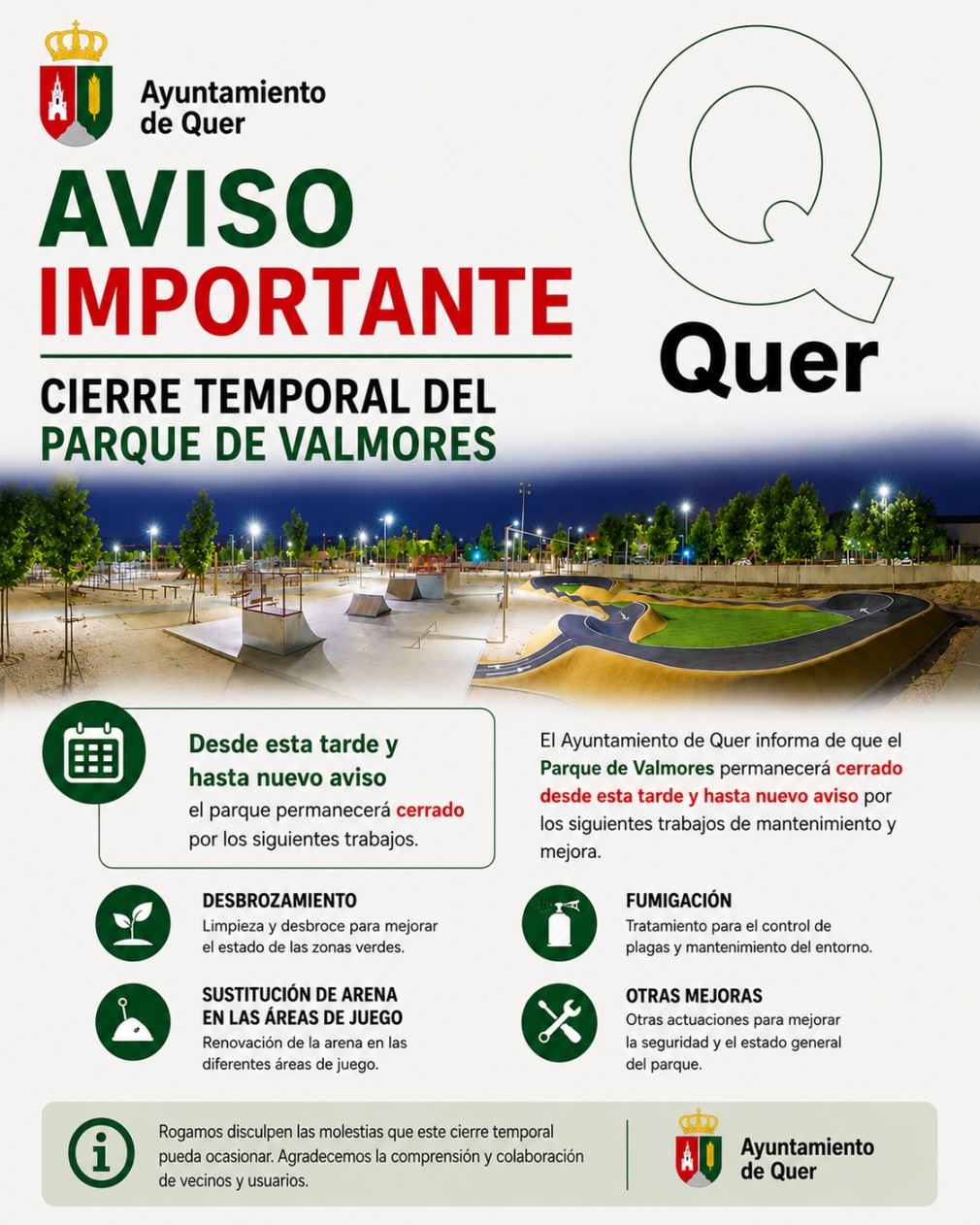 Desde el 1 de junio. Cierre temporal del Parque de Valmores por trabajos de mejora
