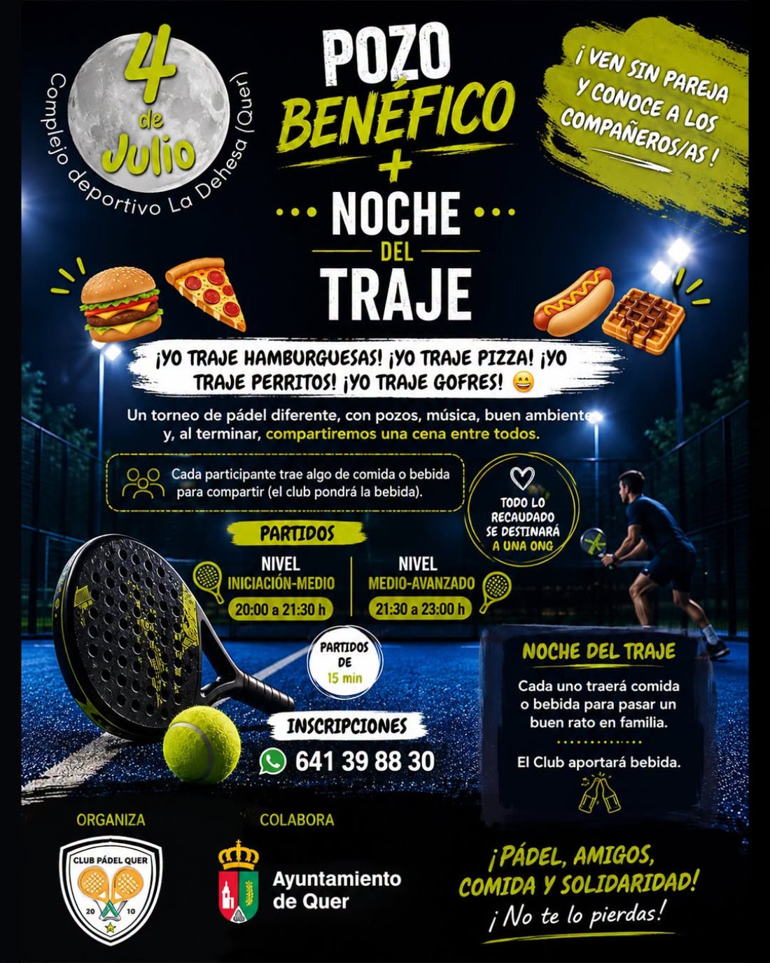 El Club de Pádel Quer organiza una noche solidaria de deporte, convivencia y buen ambiente con su original "Noche del Traje"