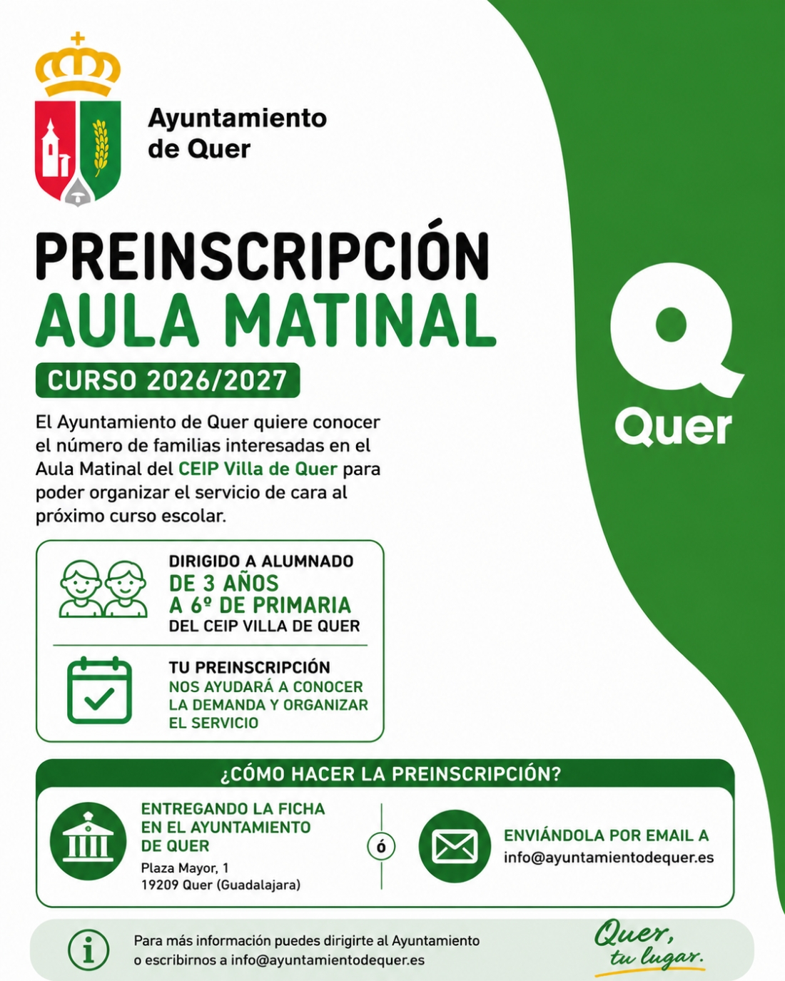 Quer abre la preinscripción para organizar el Aula Matinal del CEIP Villa de Quer durante el curso 2026-2027
