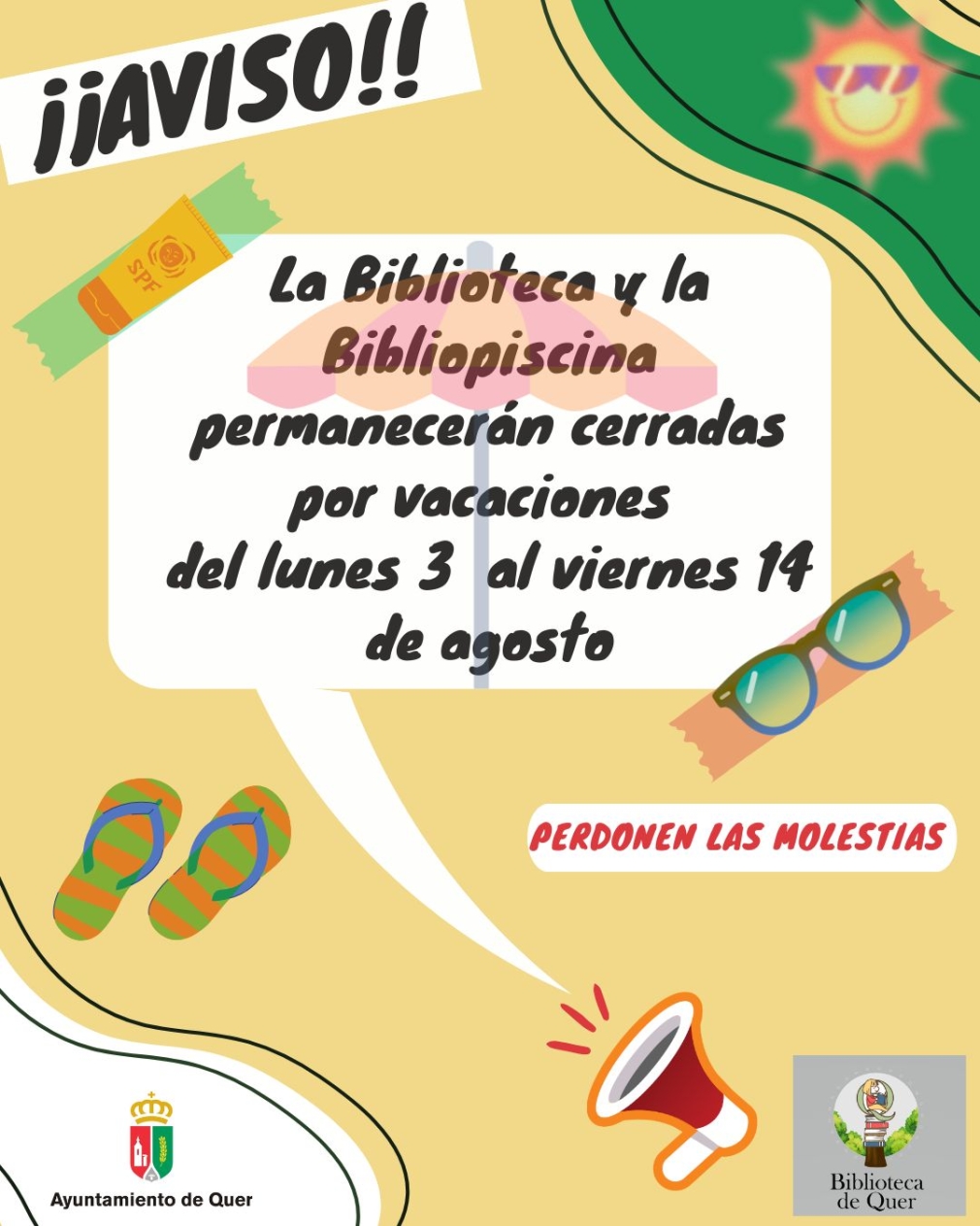 Cierre temporal de la Biblioteca Municipal y la Bibliopiscina por vacaciones
