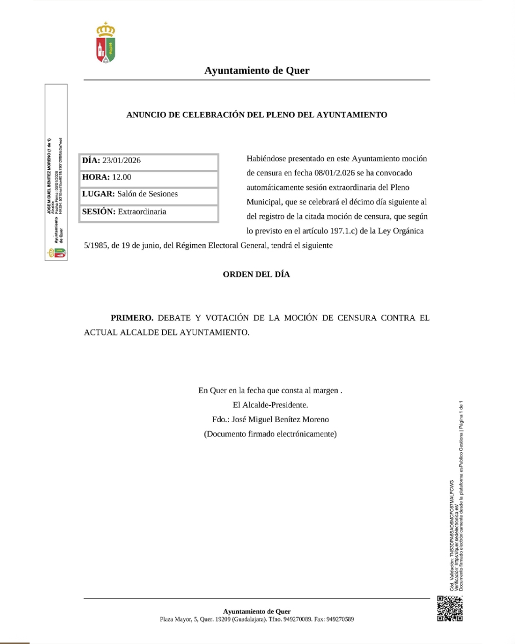 Pleno Extraordinario. Moción de Censura