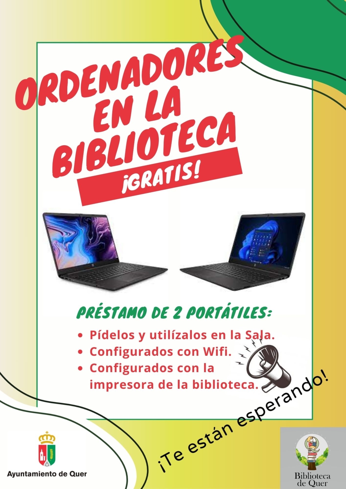 Dos portátiles gratuitos en la Biblioteca Municipal de Quer para uso inmediato en sala