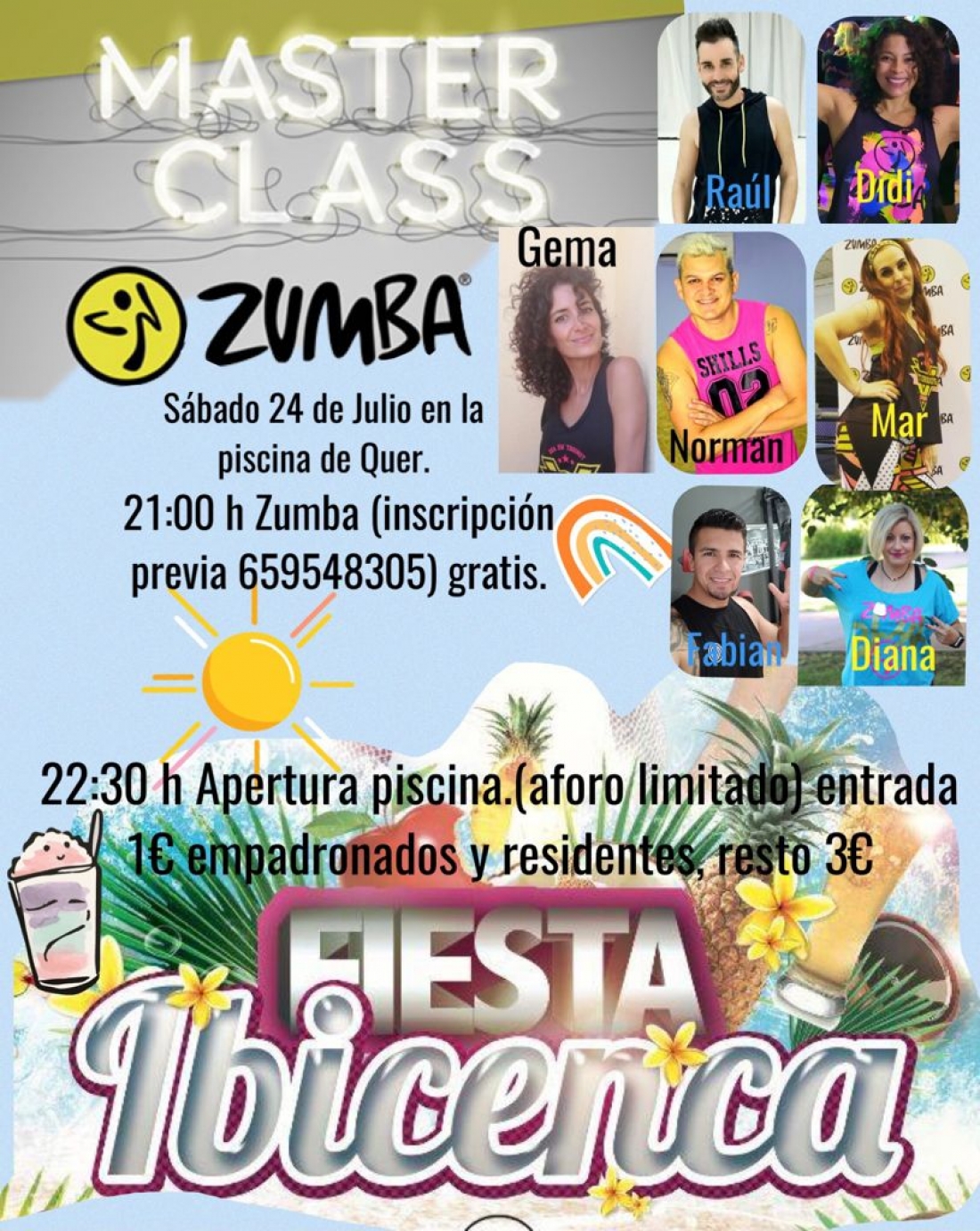 El sábado, 24 de julio, masterclass de zumba y fiesta ibicenca en la piscina de Quer