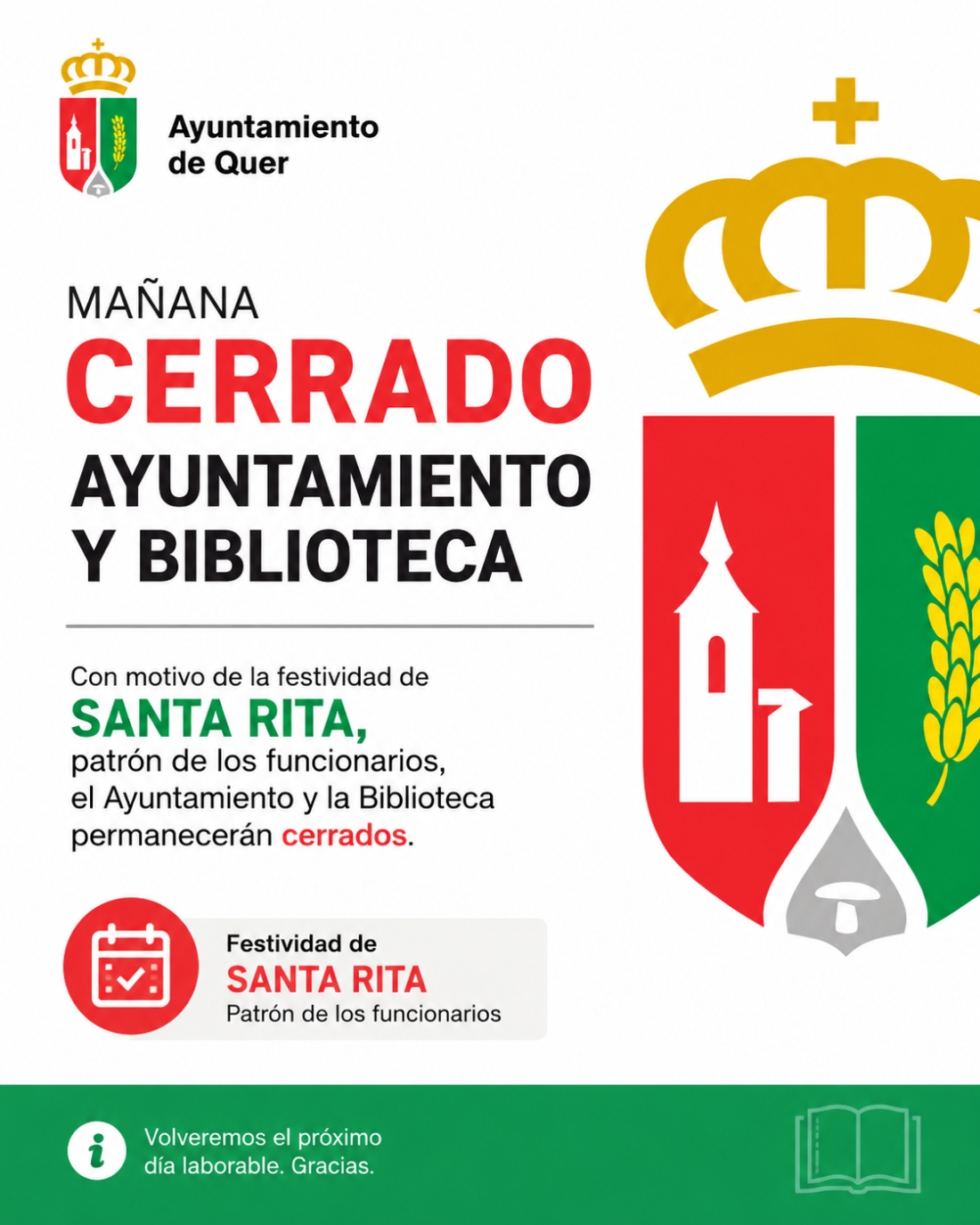 22 de mayo. Biblioteca y ayuntamiento, cerrados